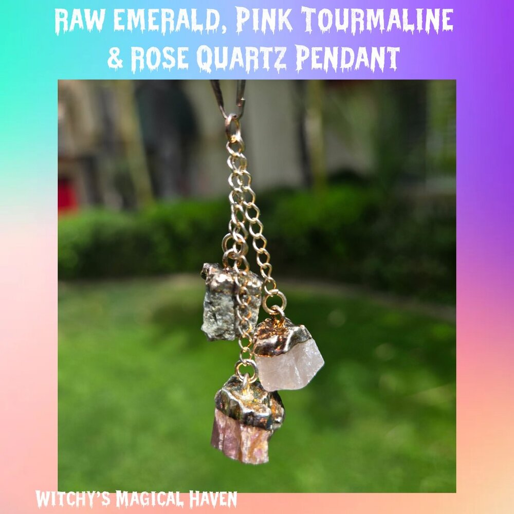 Emerald, Pink Tourmaline & Rose Quartz Crystal Silver Plated Pendant